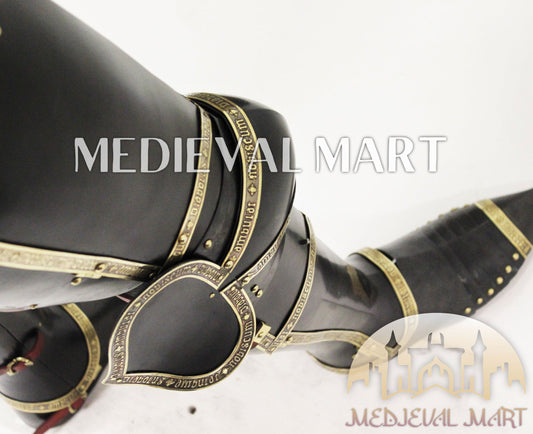 MEDIEVALMART Dark Paladin Imperial Guard Knight Black & Brass Deco Full Body Metal Armor Costume W/H Houndskull