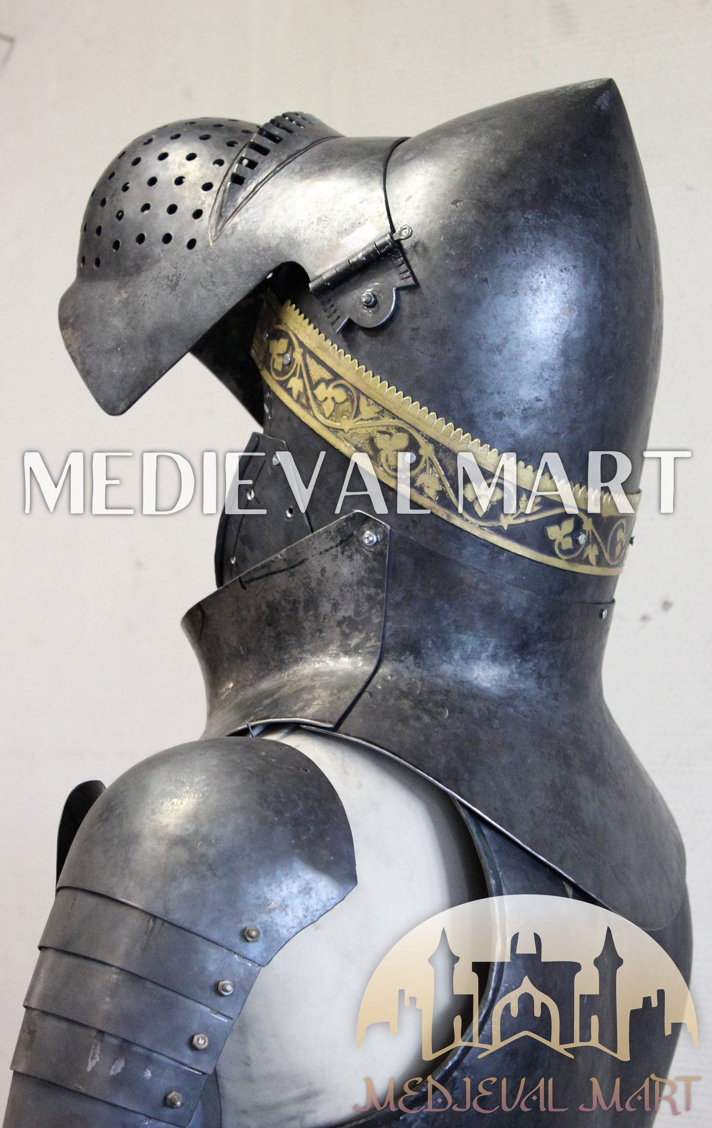 MEDIEVALMART German Medieval Full Body Black Armor Costume W/H “Eisenkopf” Bacinet Helmet
