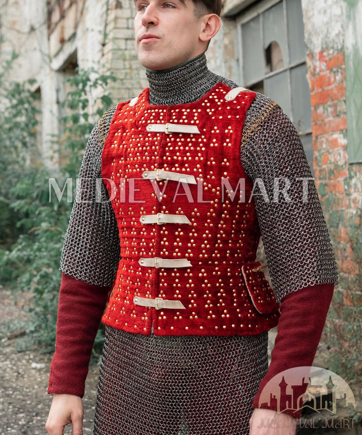 MEDIEVALMART Combo Edition Renaissance PREMIUM Red "MOAB" Brigandine Jacket Armor W/H Revated Chainmail Shirt Gift For Ren-Fairs Him or Her