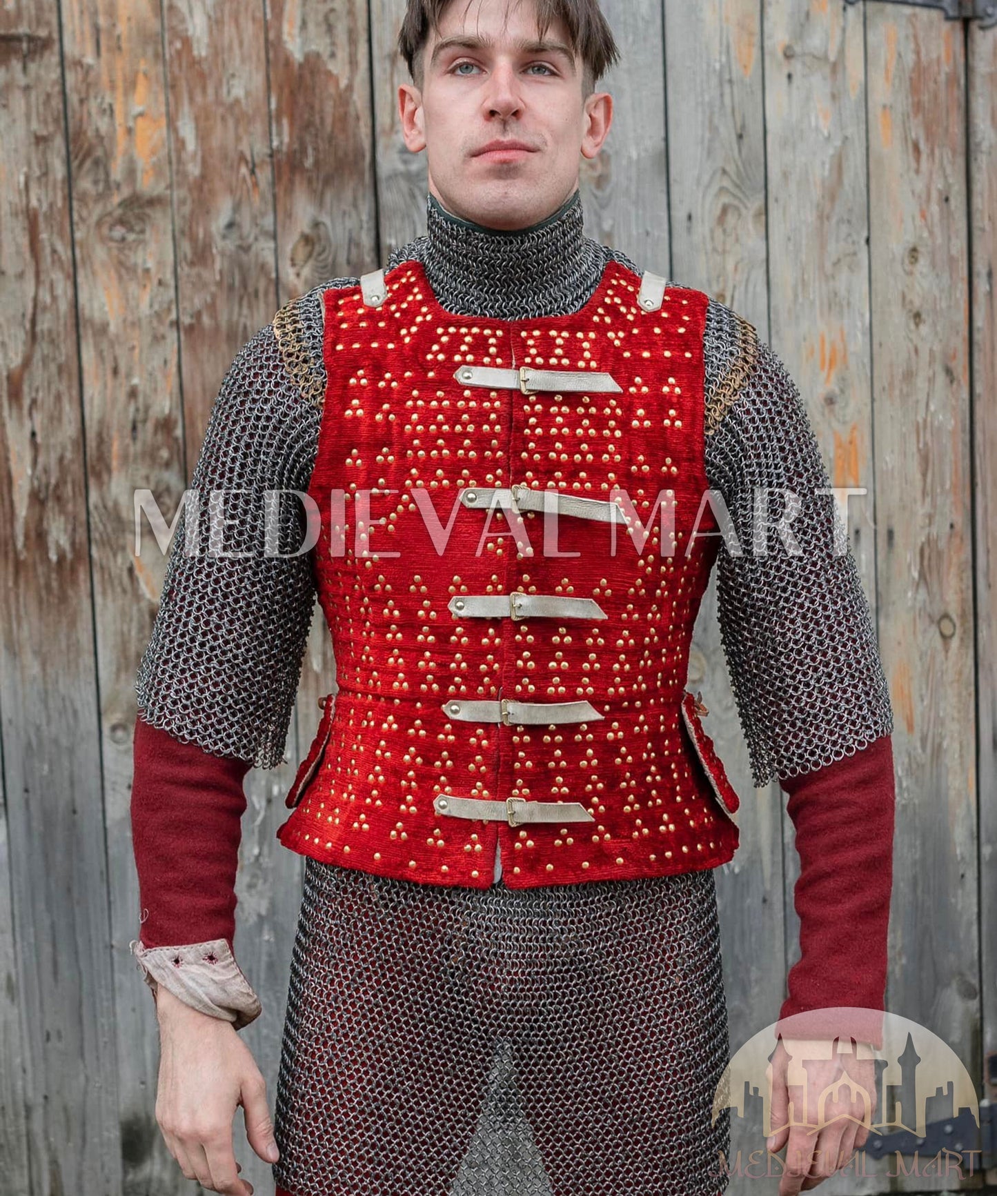 MEDIEVALMART Combo Edition Renaissance PREMIUM Red "MOAB" Brigandine Jacket Armor W/H Revated Chainmail Shirt Gift For Ren-Fairs Him or Her