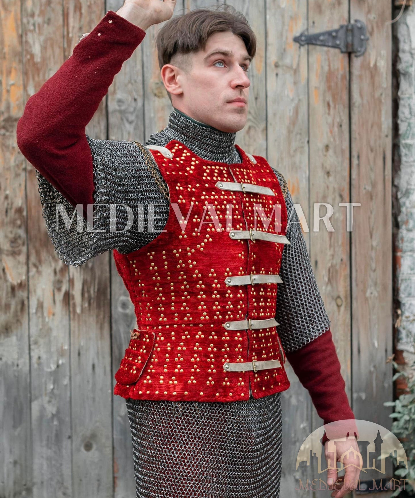 MEDIEVALMART Combo Edition Renaissance PREMIUM Red "MOAB" Brigandine Jacket Armor W/H Revated Chainmail Shirt Gift For Ren-Fairs Him or Her