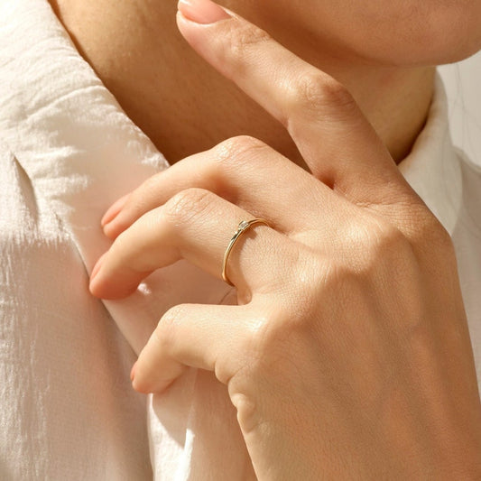 MADELYN MINIMALIST 14k Solid Gold Dainty Baguette Solitaire Promise Ring | Gift For Her Birthday