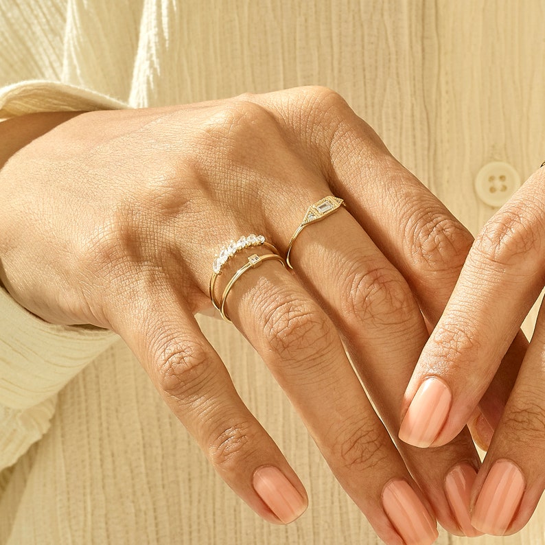 MADELYN MINIMALIST 14k Solid Gold Dainty Baguette Solitaire Promise Ring | Gift For Her Birthday
