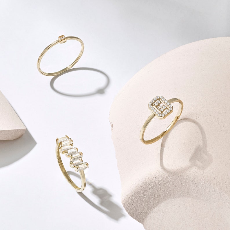 MADELYN MINIMALIST 14k Solid Gold Dainty Baguette Solitaire Promise Ring | Gift For Her Birthday