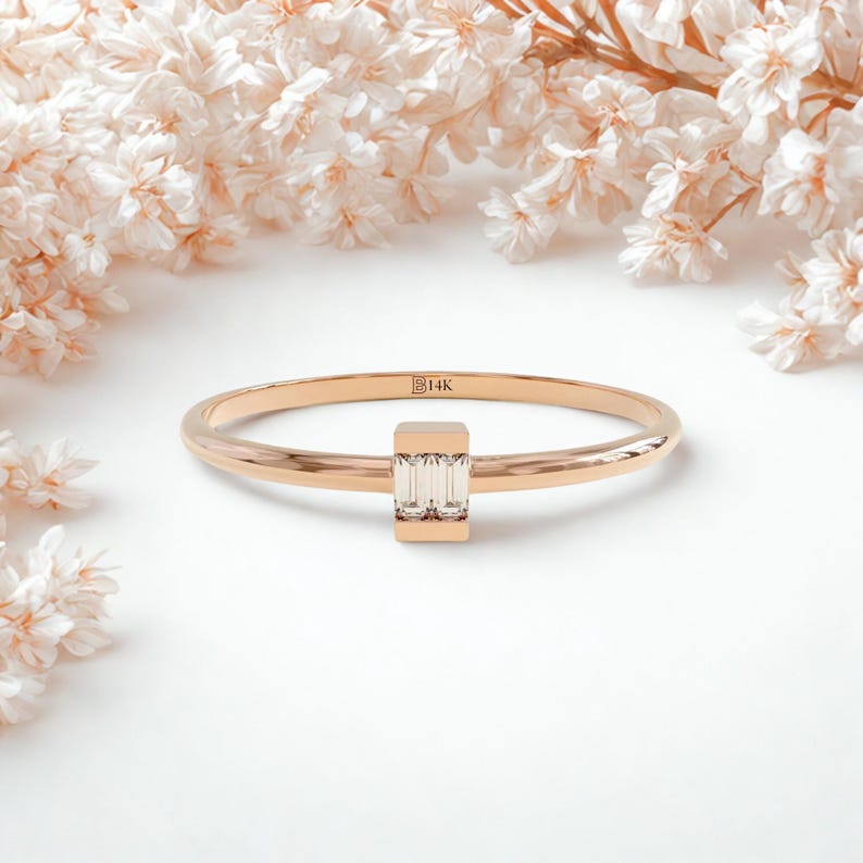 MADELYN MINIMALIST 14k Solid Gold Dainty Baguette Solitaire Promise Ring | Gift For Her Birthday