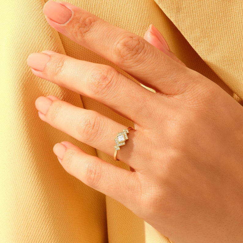 MADELYN MINIMALIST 14k Solid Gold Dainty Bezel Square Art Deco Engagement Ring | Gift For Lover