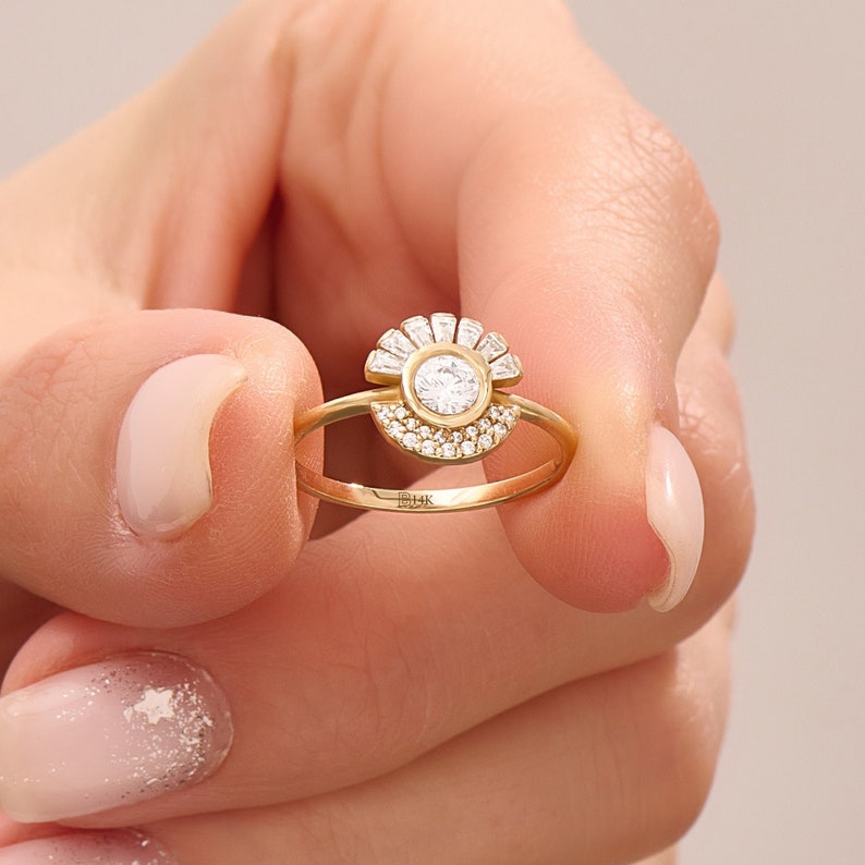MADELYN MINIMALIST 14k Solid Gold Halo Bezel Sun Engagement Ring | Gift For Mom, Her