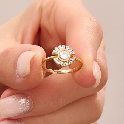 MADELYN MINIMALIST 14k Solid Gold Halo Bezel Sun Engagement Ring | Gift For Mom, Her