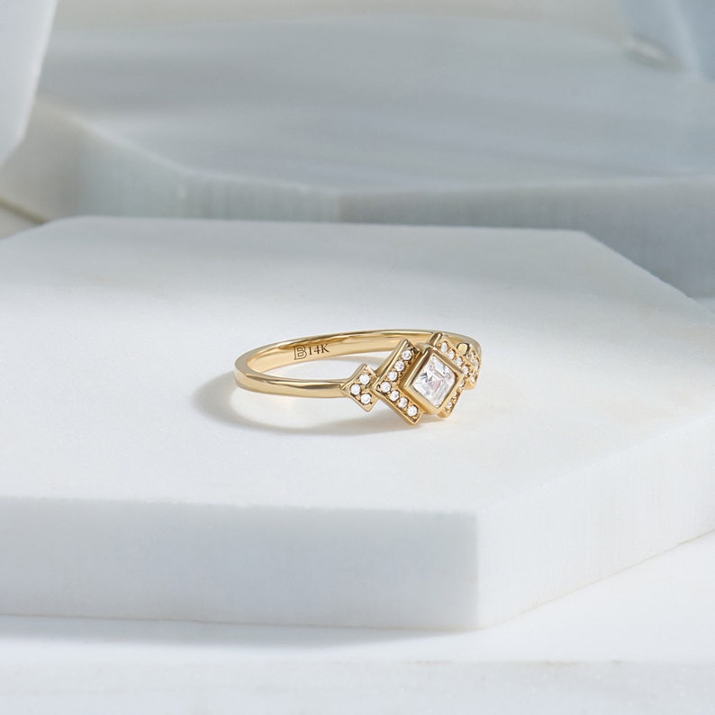 MADELYN MINIMALIST 14k Solid Gold Dainty Bezel Square Art Deco Engagement Ring | Gift For Lover
