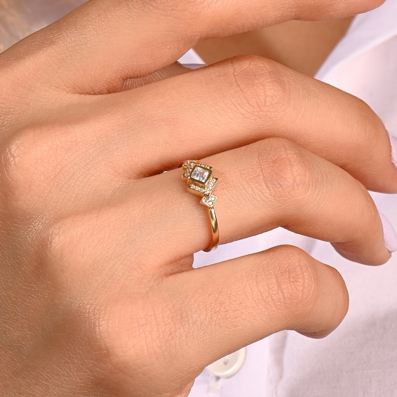 MADELYN MINIMALIST 14k Solid Gold Dainty Bezel Square Art Deco Engagement Ring | Gift For Lover