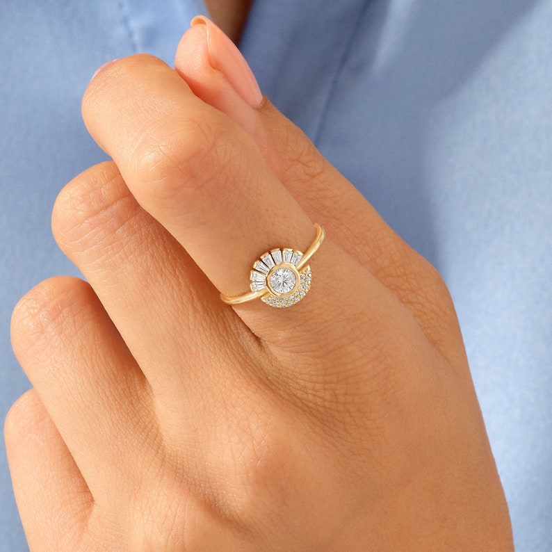 MADELYN MINIMALIST 14k Solid Gold Halo Bezel Sun Engagement Ring | Gift For Mom, Her