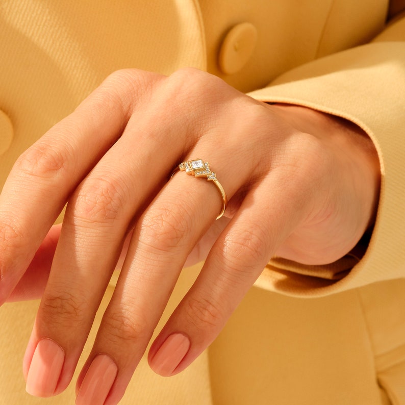 MADELYN MINIMALIST 14k Solid Gold Dainty Bezel Square Art Deco Engagement Ring | Gift For Lover