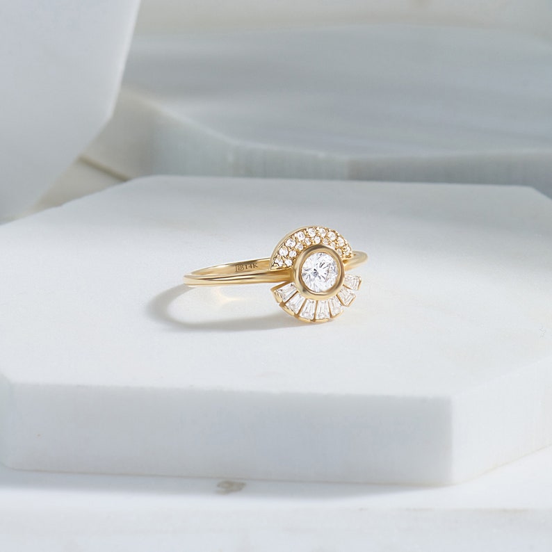 MADELYN MINIMALIST 14k Solid Gold Halo Bezel Sun Engagement Ring | Gift For Mom, Her