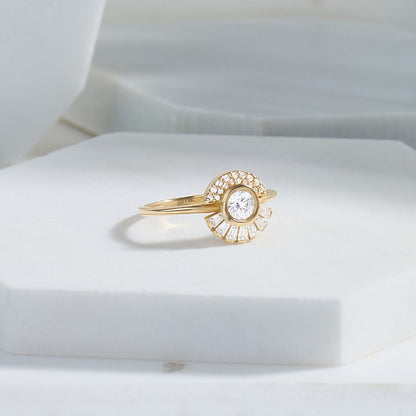 MADELYN MINIMALIST 14k Solid Gold Halo Bezel Sun Engagement Ring | Gift For Mom, Her