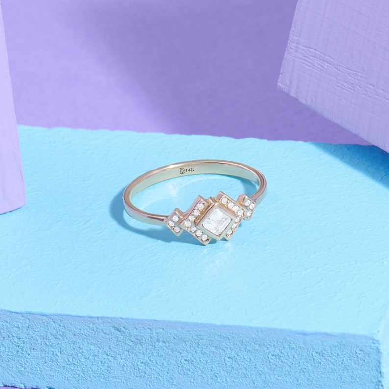 MADELYN MINIMALIST 14k Solid Gold Dainty Bezel Square Art Deco Engagement Ring | Gift For Lover