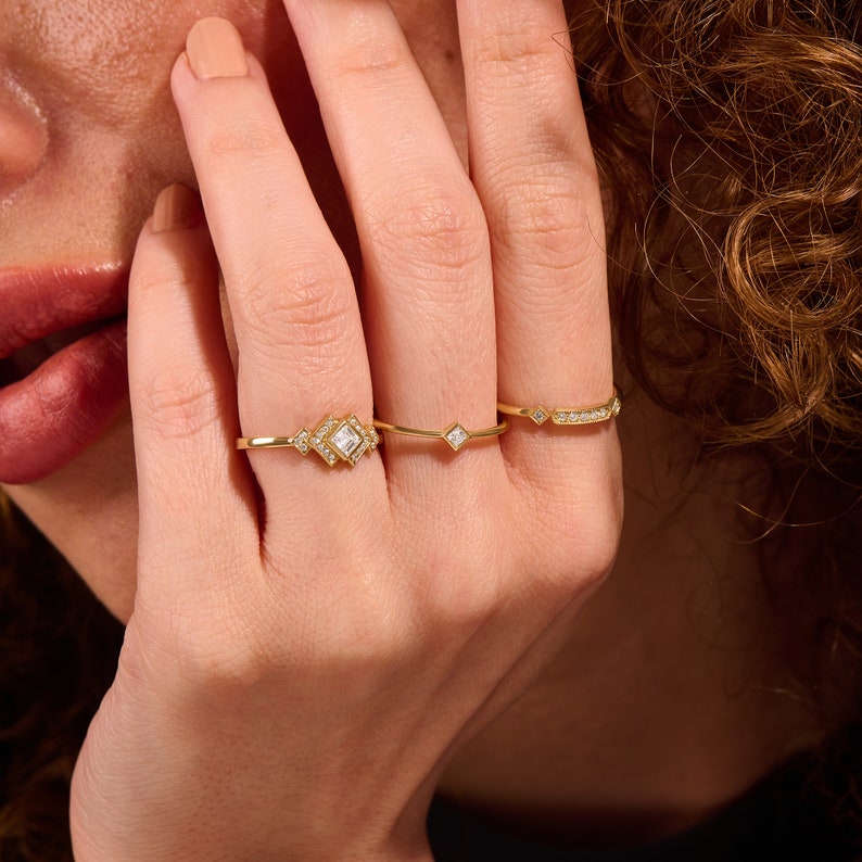 MADELYN MINIMALIST 14k Solid Gold Dainty Bezel Square Art Deco Engagement Ring | Gift For Lover