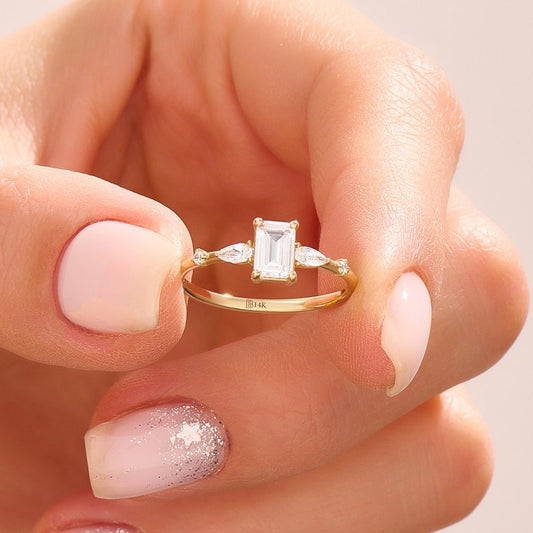MADELYN MINIMALIST 14k Solid Gold Minimalist Baguette Engagement CZ Ring | Gift for Her Birthday