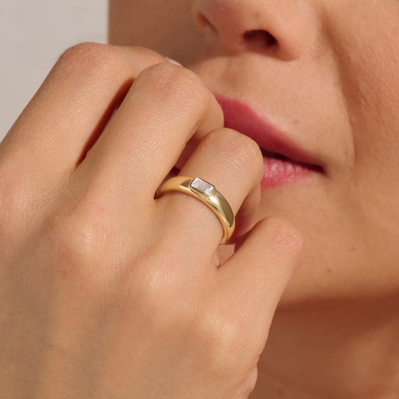 MADELYN MINIMALIST 14k Solid Gold Moissanite Engagement Emerald Cut Solitaire Thick Ring | Gift for Wife, Mom