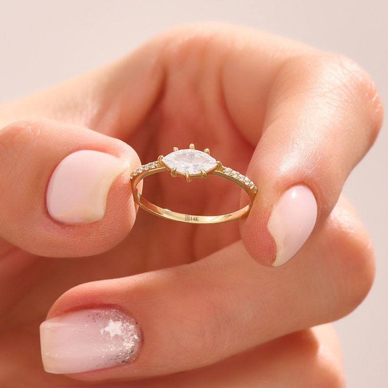 MADELYN MINIMALIST 14k Solid Gold Diamond Marquise Dainty Solitaire Ring | Gift for Girlfriend, Wife
