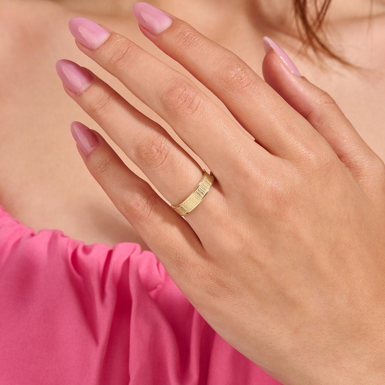 MADELYN MINIMALIST 14k Solid Gold Wood Textured Womens Wedding Gold Band | Gift for Mom, Wife, Her, Him