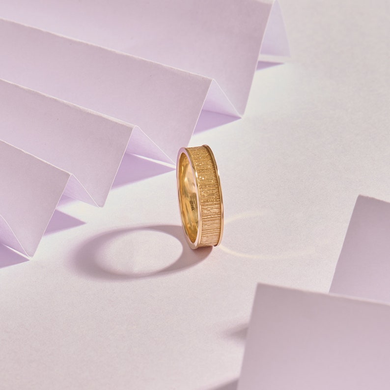 MADELYN MINIMALIST 14k Solid Gold Wood Textured Womens Wedding Gold Band | Gift for Mom, Wife, Her, Him