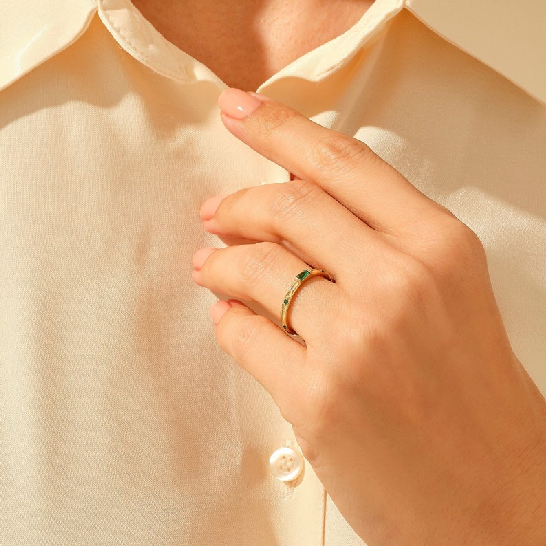 MADELYN MINIMALIST 14k Solid Gold Solid Gold Lab Created Baguette Emerald Green Stone Ring | Gift for Mom, Wife, Her