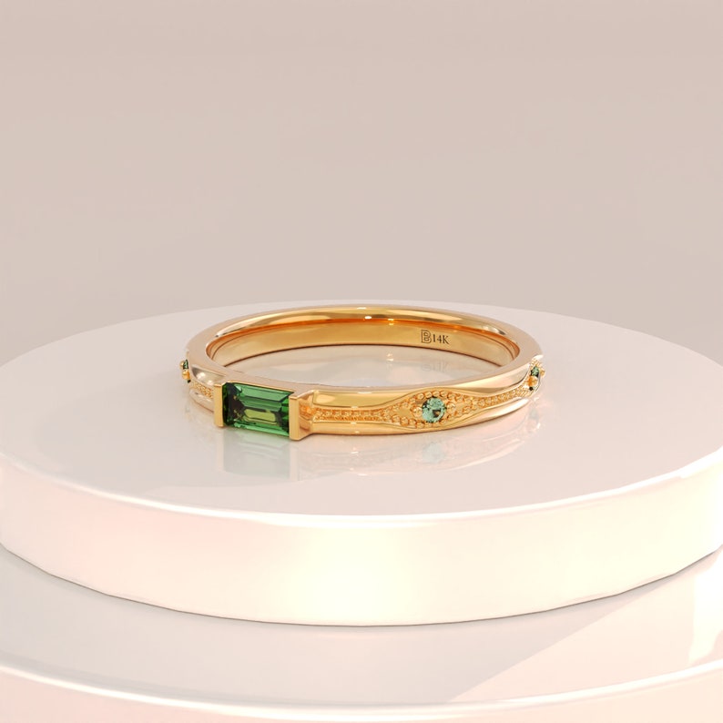 MADELYN MINIMALIST 14k Solid Gold Solid Gold Lab Created Baguette Emerald Green Stone Ring | Gift for Mom, Wife, Her