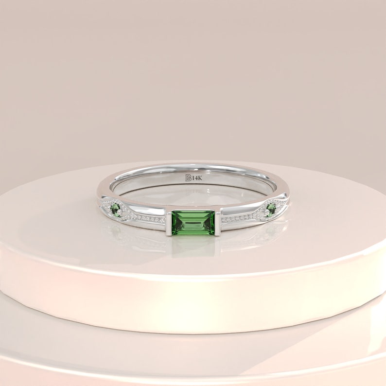 MADELYN MINIMALIST 14k Solid Gold Solid Gold Lab Created Baguette Emerald Green Stone Ring | Gift for Mom, Wife, Her