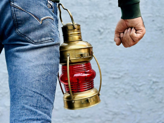 MEDIEVALMART Nautical Vintage Brass Red Glass Ship Oil Lamp - Personal Engraving Marine Lantern