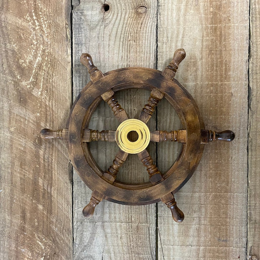 MEDIEVALMART Nautical Brass Decoration Wooden Ship Wheel Antique Vintage Finish - Personal Engraving Marine Wall Decor