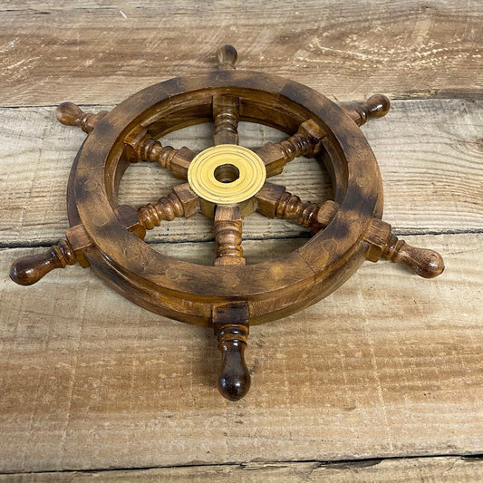 MEDIEVALMART Nautical Brass Decoration Wooden Ship Wheel Antique Vintage Finish - Personal Engraving Marine Wall Decor