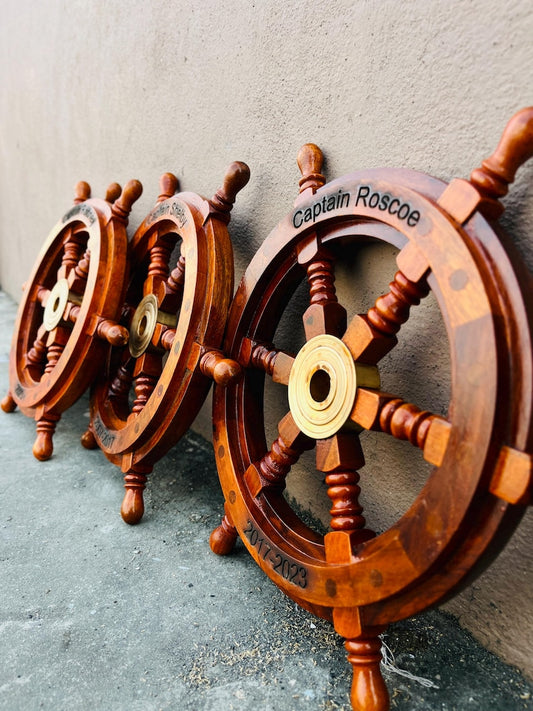MEDIEVALMART Nautical Brass Decoration Wooden Ship Wheel Brown Finishh - Personal Engraving Marine Wall Decor