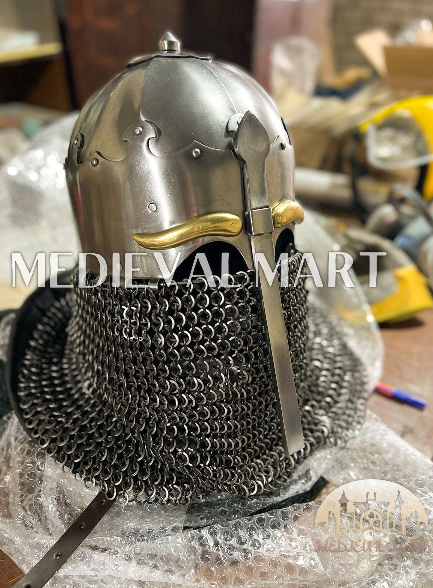 MEDIEVALMART 13th-Century Medieval Nasal Bascinet Chain Mail Helmet