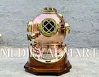 MEDIEVALMART Nautical Rose Gold Finish Diving Helmet With Wooden Base