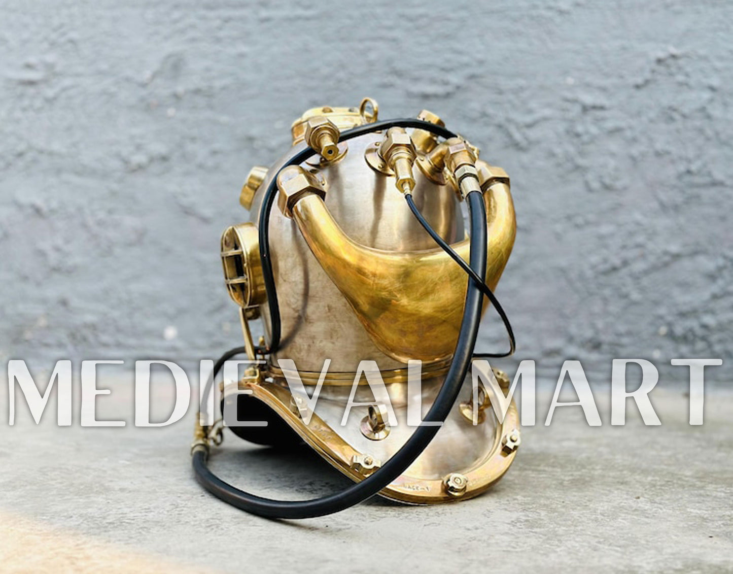 MEDIEVALMART  1945 US Navy Helium Copper brass Diving Helmet With Wooden Base