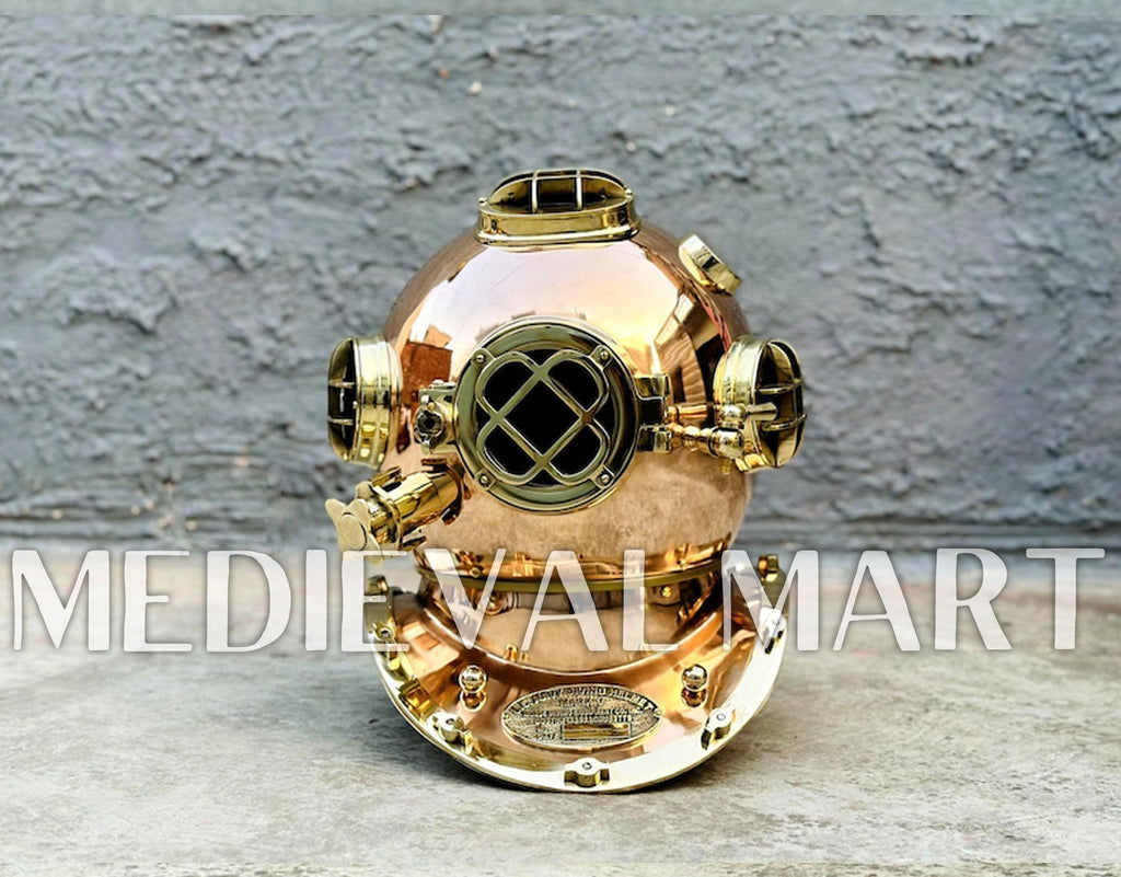 MEDIEVALMART Pure Copper Brass Diving Helmet With Wooden Base