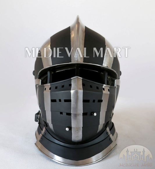 MEDIEVALMART Casque de chevalier burgonet médiéval ancien noir et blanc 2