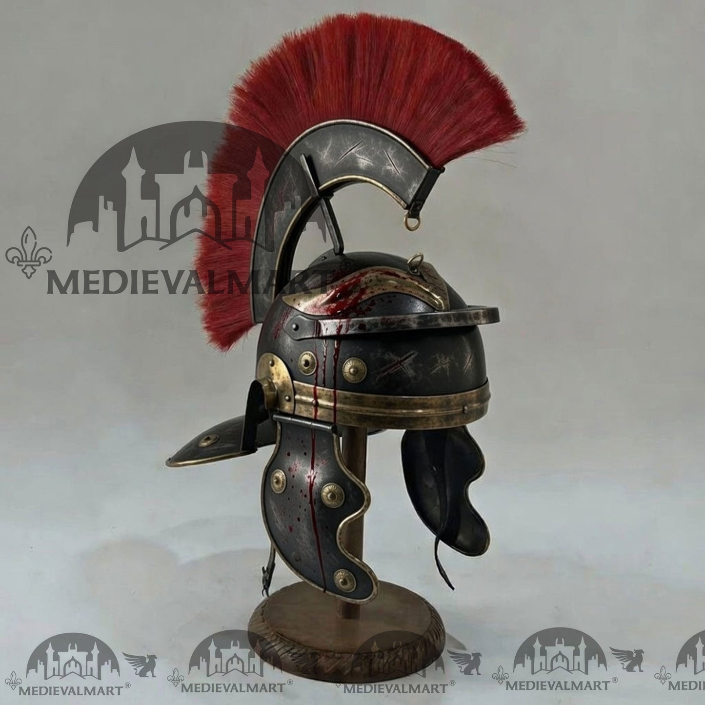 MEDIEVALMART Gallic Roman Centurion Black Damage W/H Blood Finish Helmet Replica Red Plume with Free Stand
