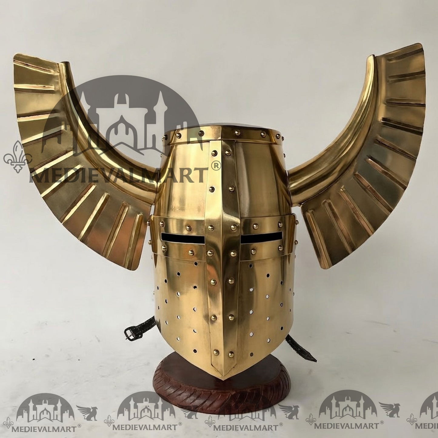 MEDIEVALMART Medieval Templar Warrior Teutonic Wing Helmet Gold Finish with Free Stand