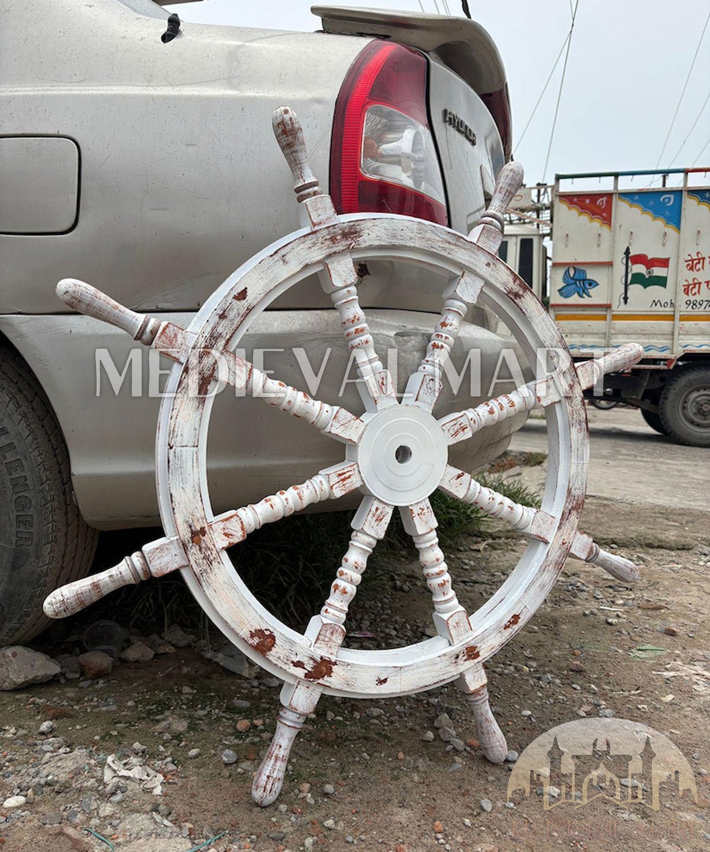 MEDIEVALMART Nautical Wooden "White Damaged" Ship Wheel for Wall Decor