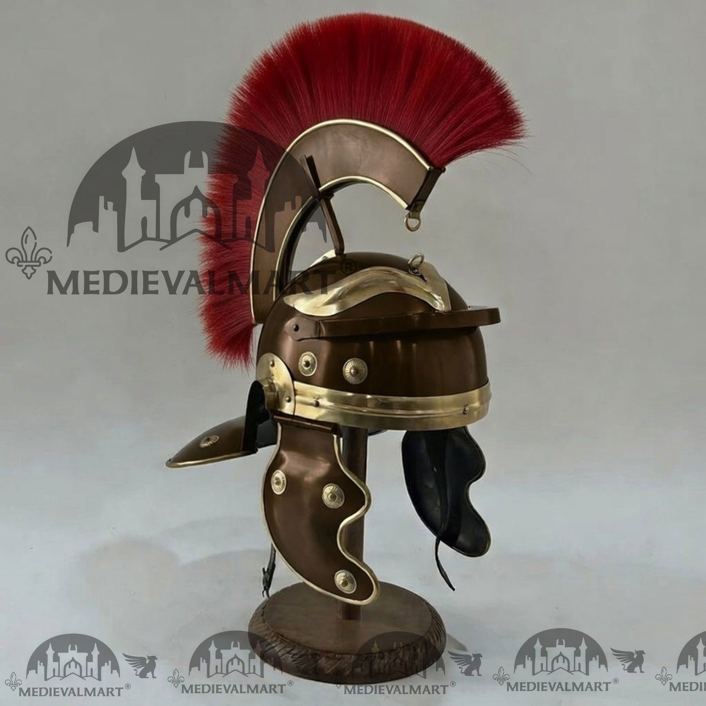 MEDIEVALMART Gallic Roman Centurion Brown Finish Helmet Replica Red Plume with Free Stand