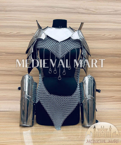 MEDIEVALMART (Isolara Dragonplate) Women’s Armor W/H (Sable Knight) Chainmail + Arms Armor