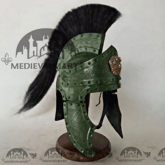 MEDIEVALMART Casque de centurion romain médiéval finition vert jade avec panache noir ou support en bois gratuit