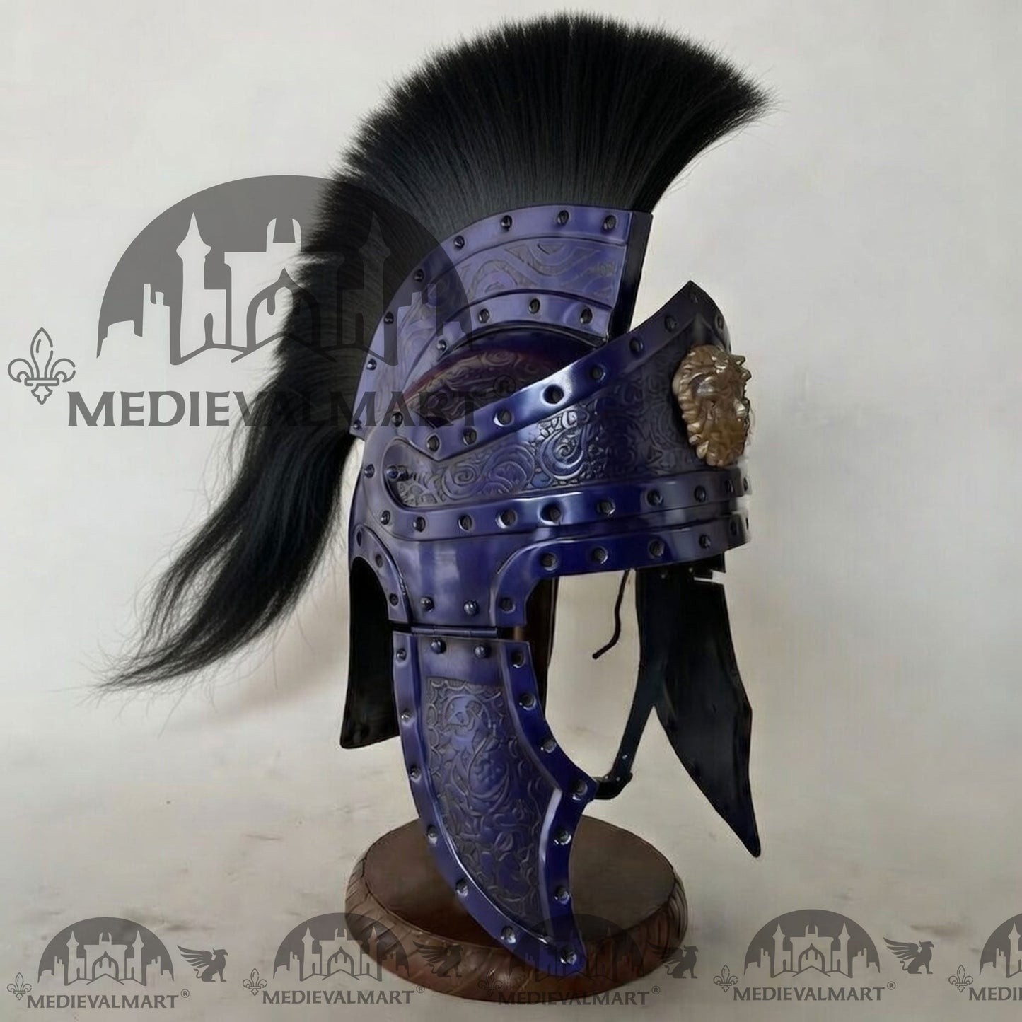 MEDIEVALMART Medieval Roman Centurion Blue Finish Helmet with Black Plume or Free Wooden Stand