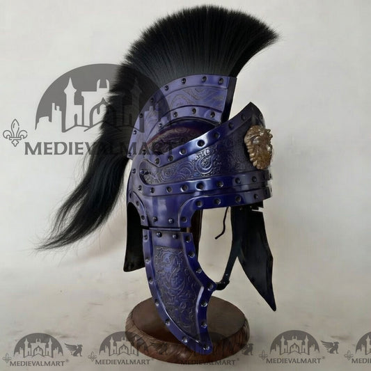 MEDIEVALMART Casque de centurion romain médiéval finition bleue avec panache noir ou support en bois gratuit