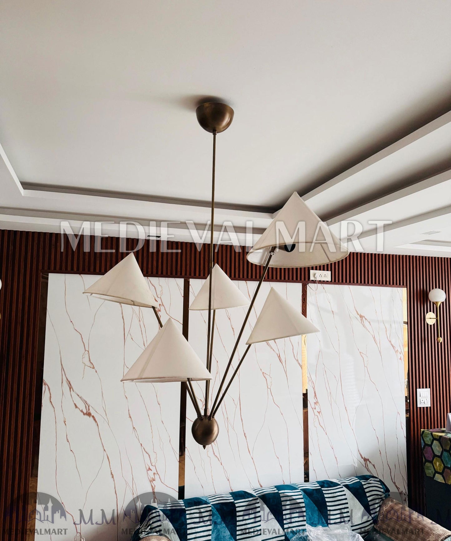 MEDIEVALMART Hand Crafted Brass Sputnik Chandelier with Linen Shades | Modern 5 Arm Chandelier Light Fixture