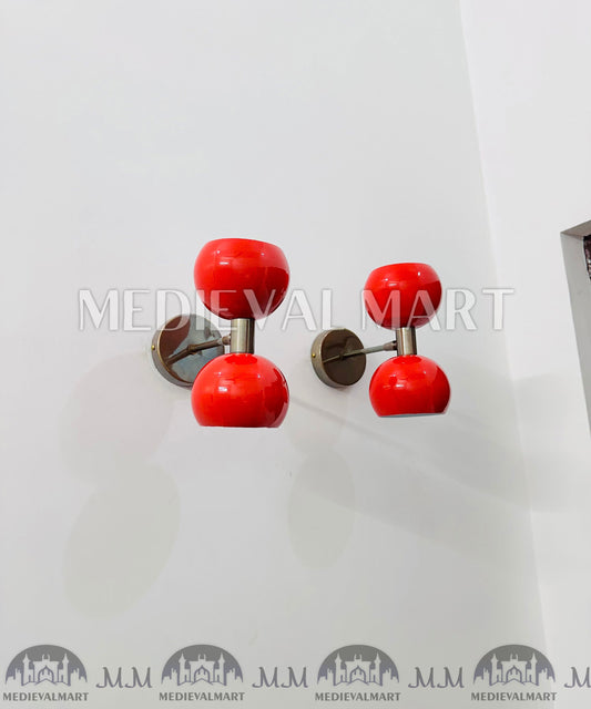 MEDIEVALMART Pair of Red Diabolo Wall Sconces: Mid-Century Italian Brass Fixture