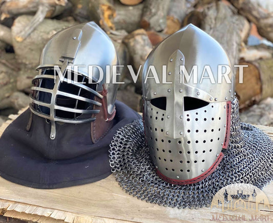 MEDIEVALMART 14th-Century Limited Collection "Wolf Ribs" & "Norman" Bacinet Helmet