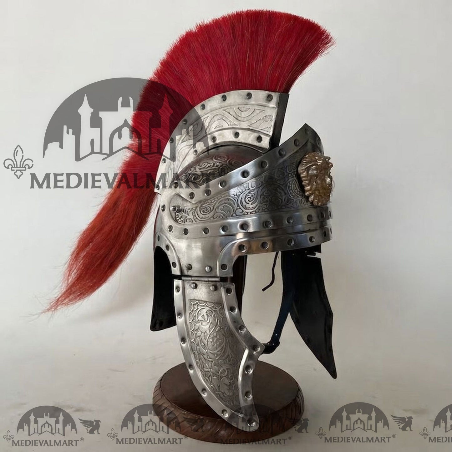 MEDIEVALMART Medieval Roman Centurion Silver Finish Helmet with Red Plume or Free Wooden Stand