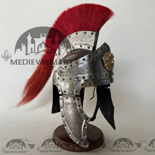 MEDIEVALMART Casque de centurion romain médiéval finition argentée avec panache rouge ou support en bois gratuit
